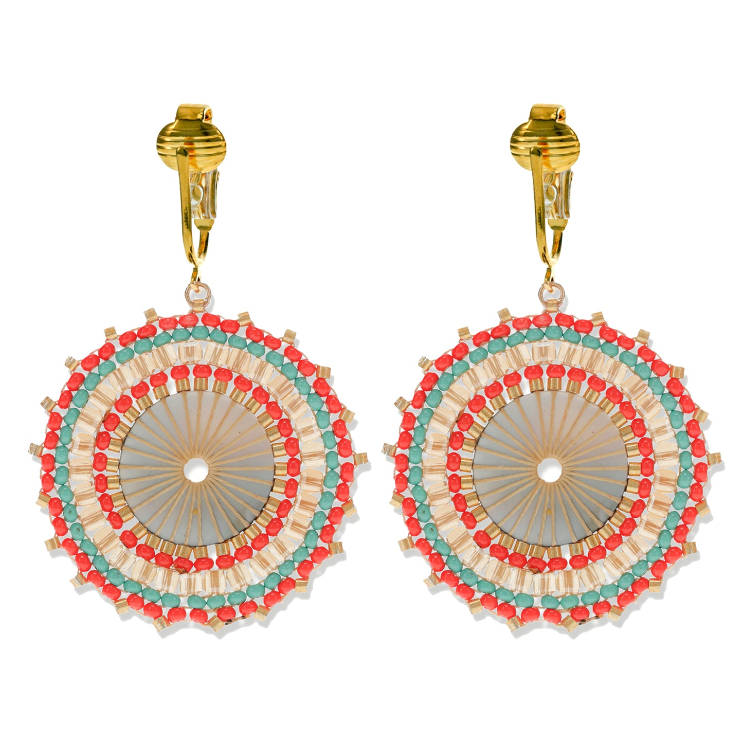 Gold Beaded Circle Clip On Dangling Earrings
