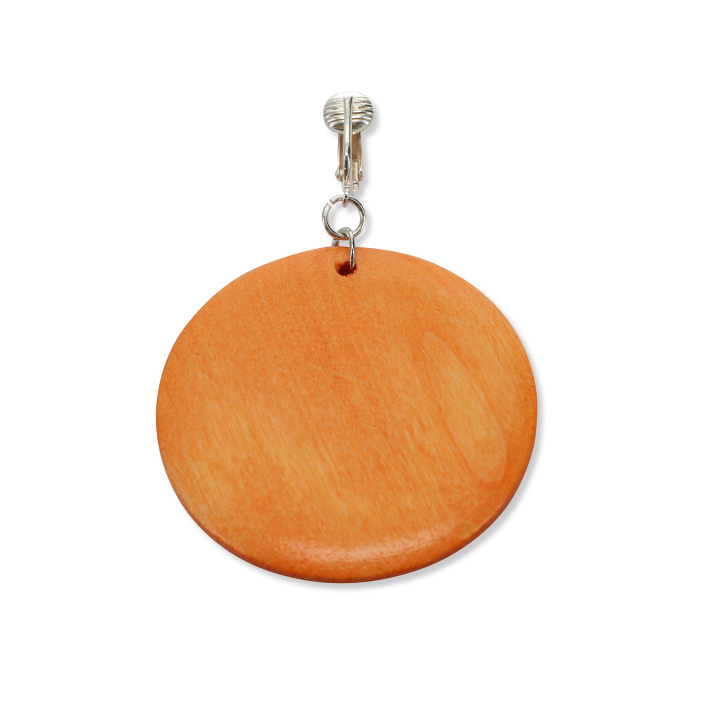 Silver Wooden Orange Circles Clip On Dangling Earrings