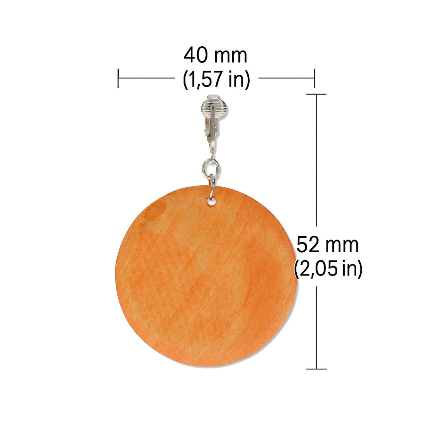 Silver Wooden Orange Circles Clip On Dangling Earrings