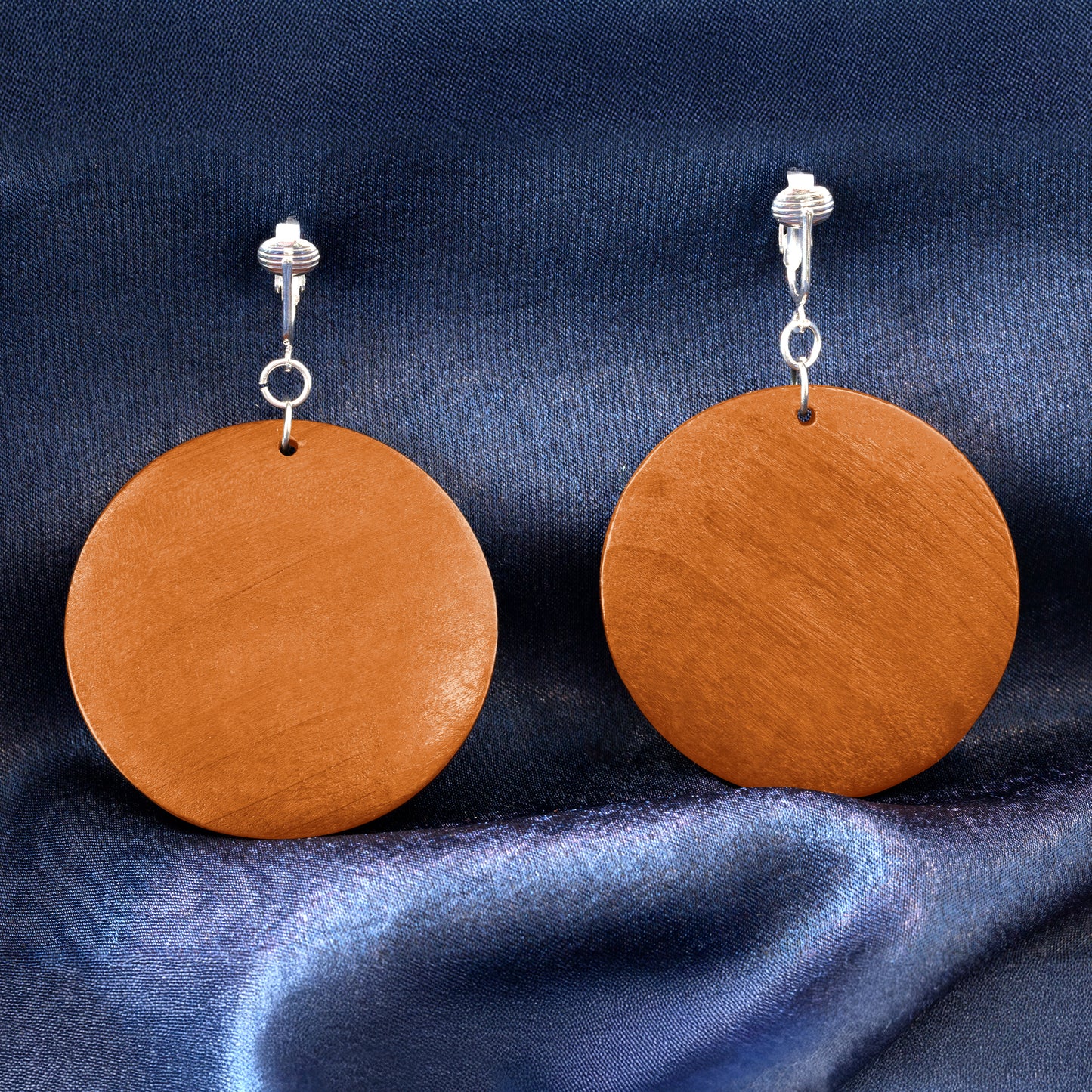 Silver Wooden Orange Circles Clip On Dangling Earrings