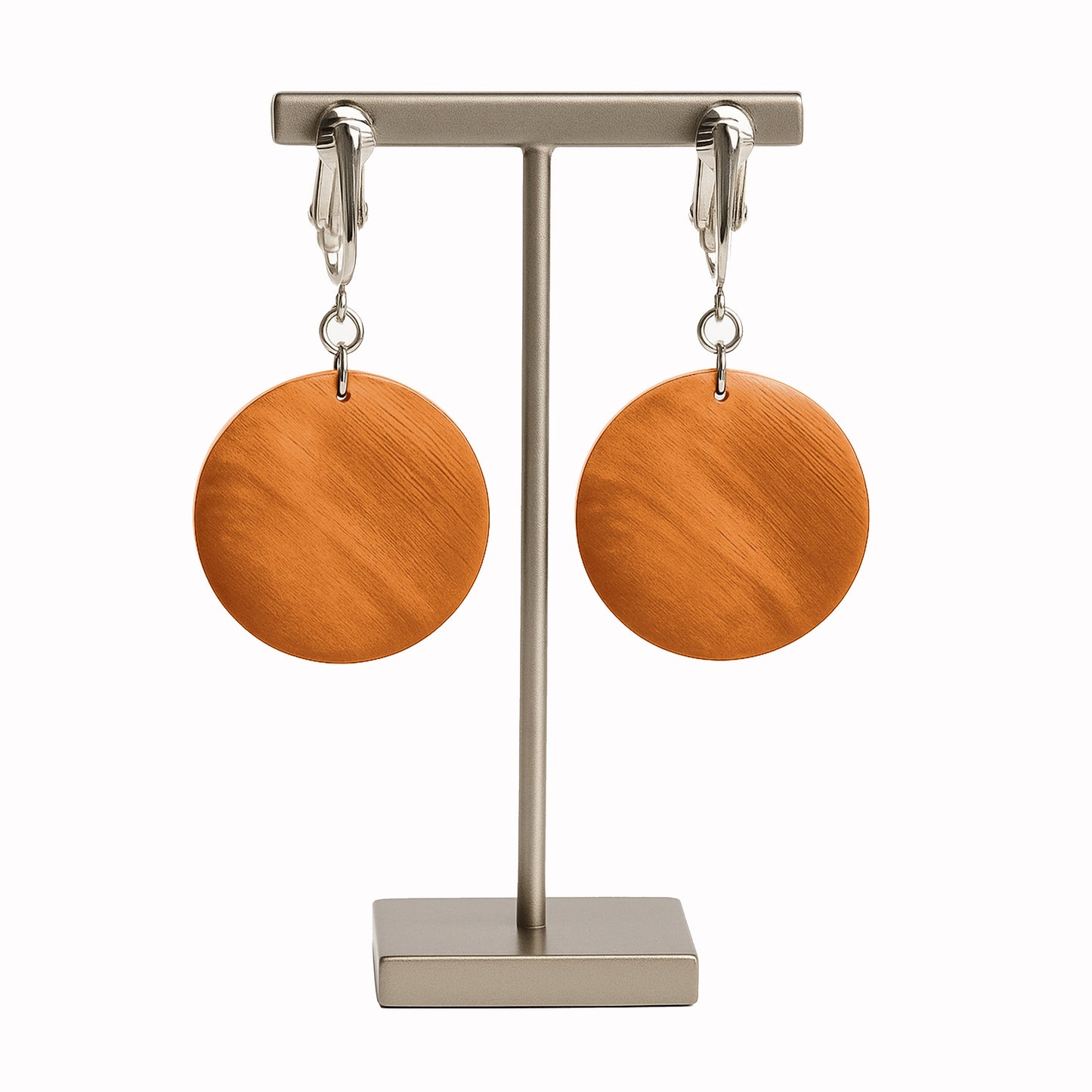 Silver Wooden Orange Circles Clip On Dangling Earrings