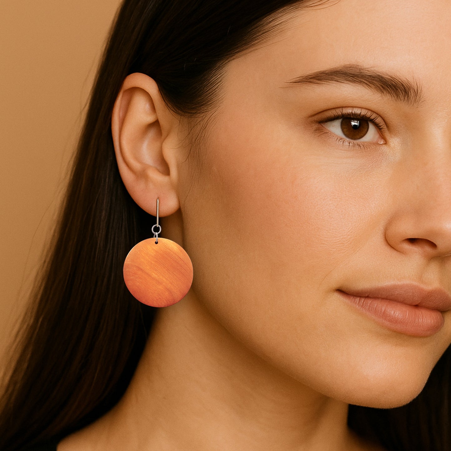 Silver Wooden Orange Circles Clip On Dangling Earrings