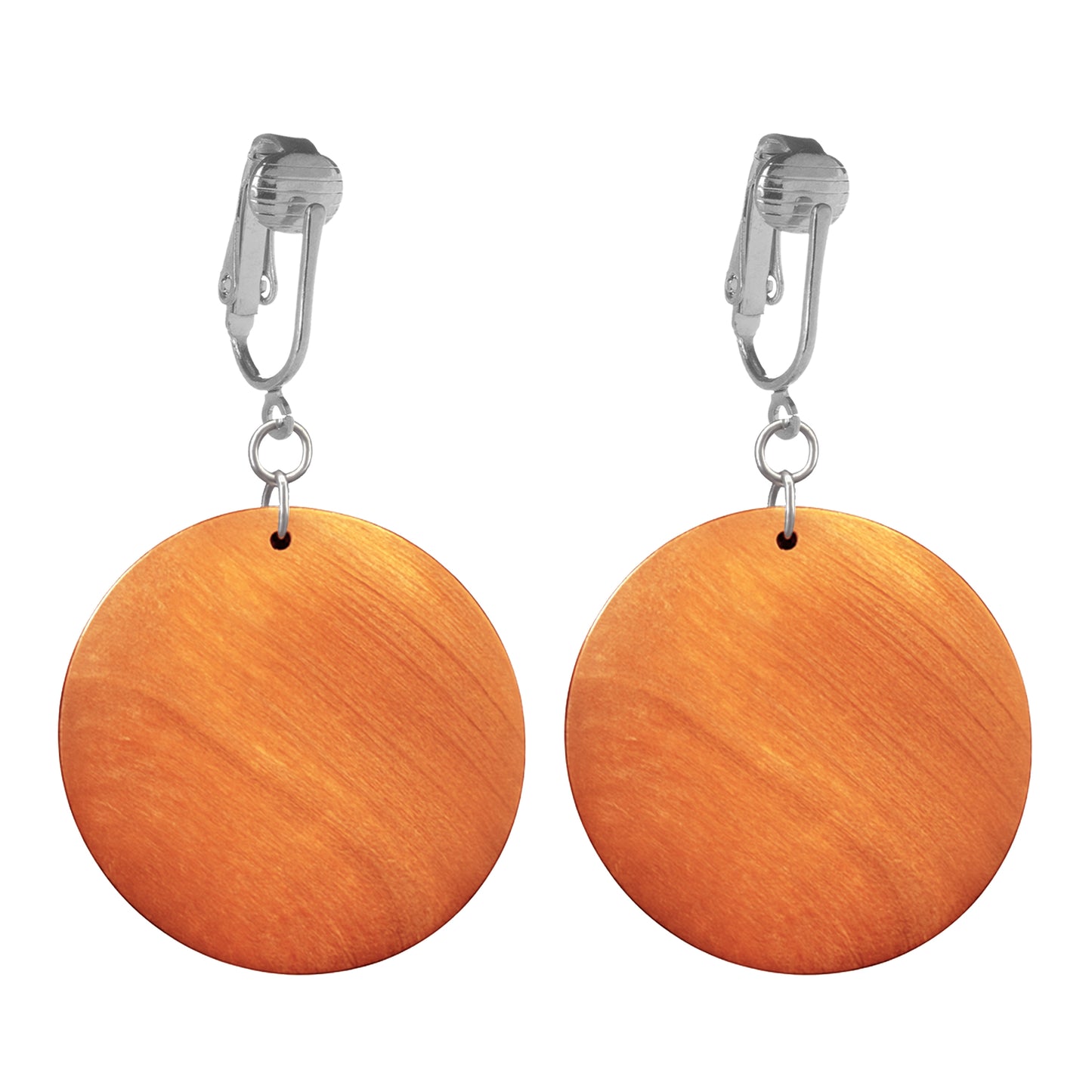 Silver Wooden Orange Circles Clip On Dangling Earrings