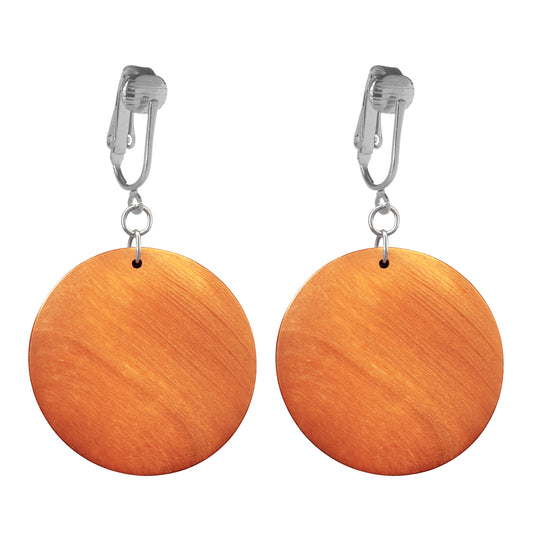 Silver Wooden Orange Circles Clip On Dangling Earrings