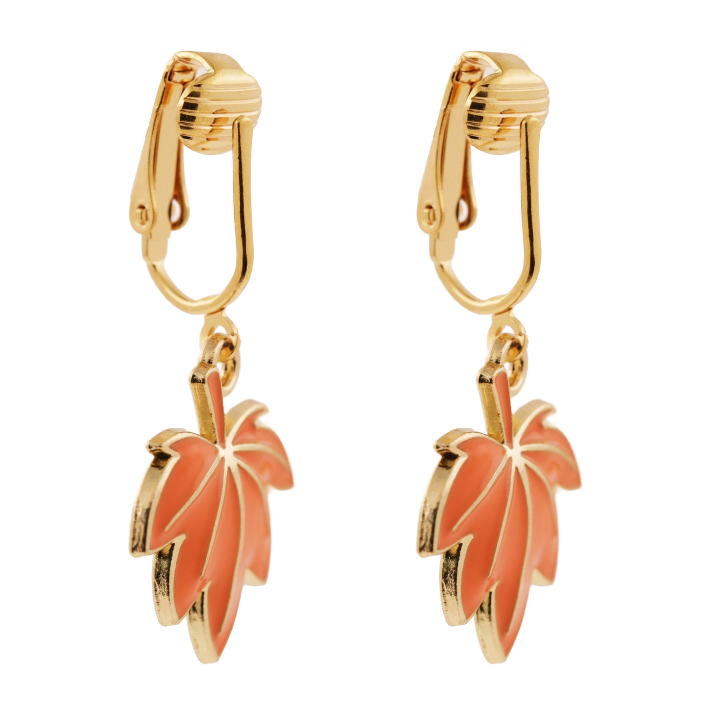 Orange Leaves Gold Clip On Dangling Earrings