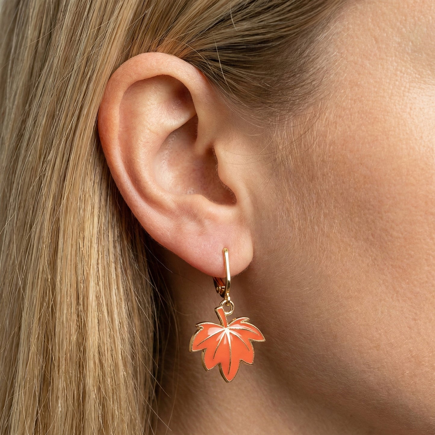 Orange Leaves Gold Clip On Dangling Earrings