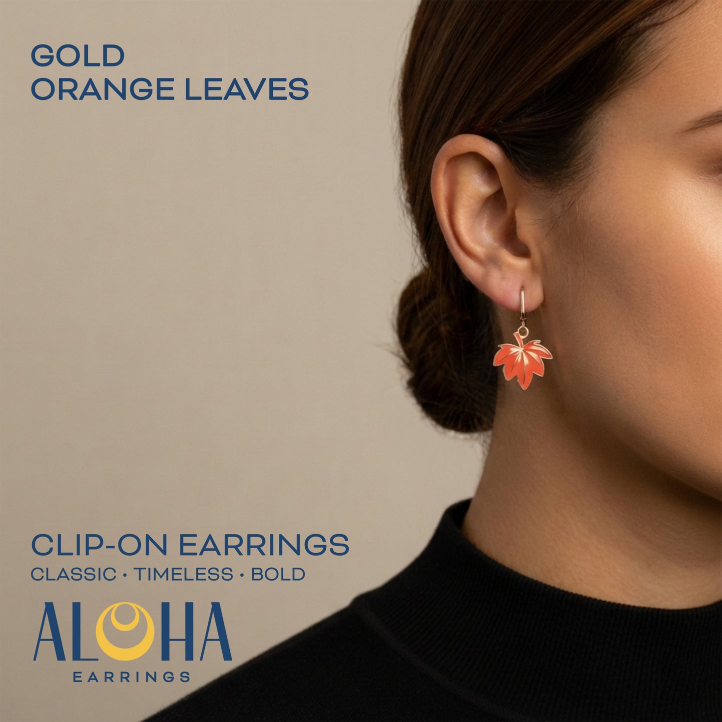 Orange Leaves Gold Clip On Dangling Earrings