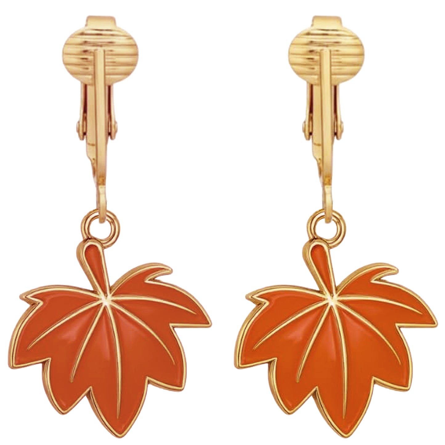 Orange Leaves Gold Clip On Dangling Earrings