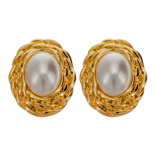 Vintage-Inspired Oval Simulated Pearl Clip On Stud Earrings