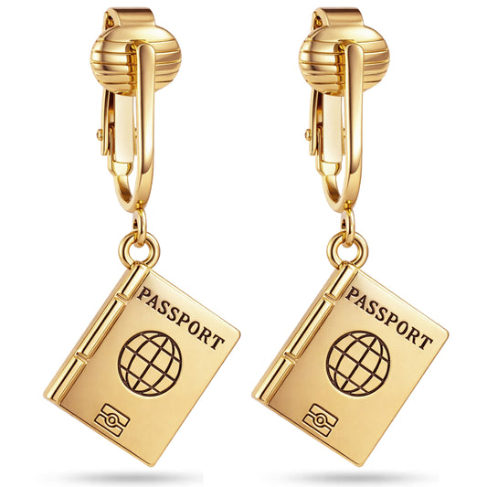 Gold Passport Clip On Dangling Earrings