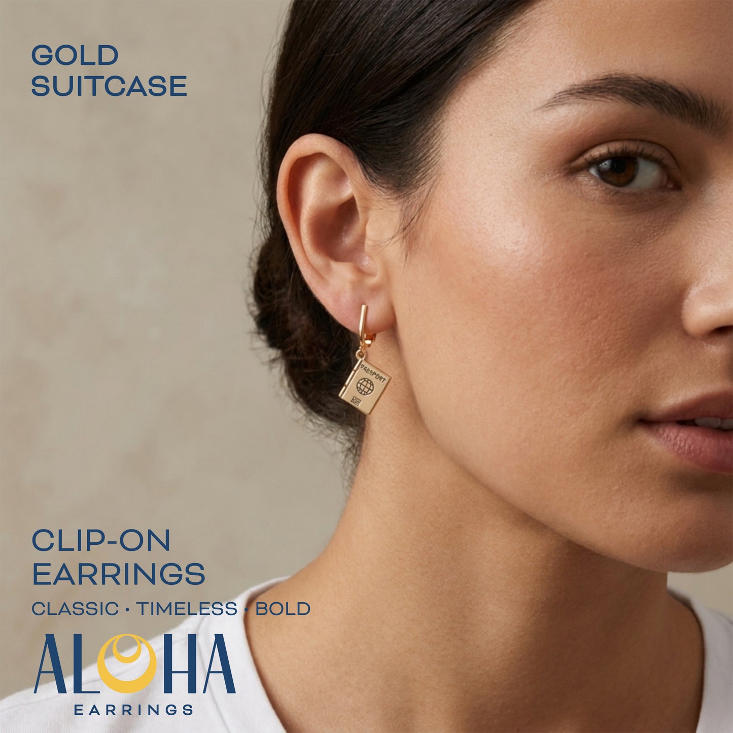 Gold Passport Clip On Dangling Earrings
