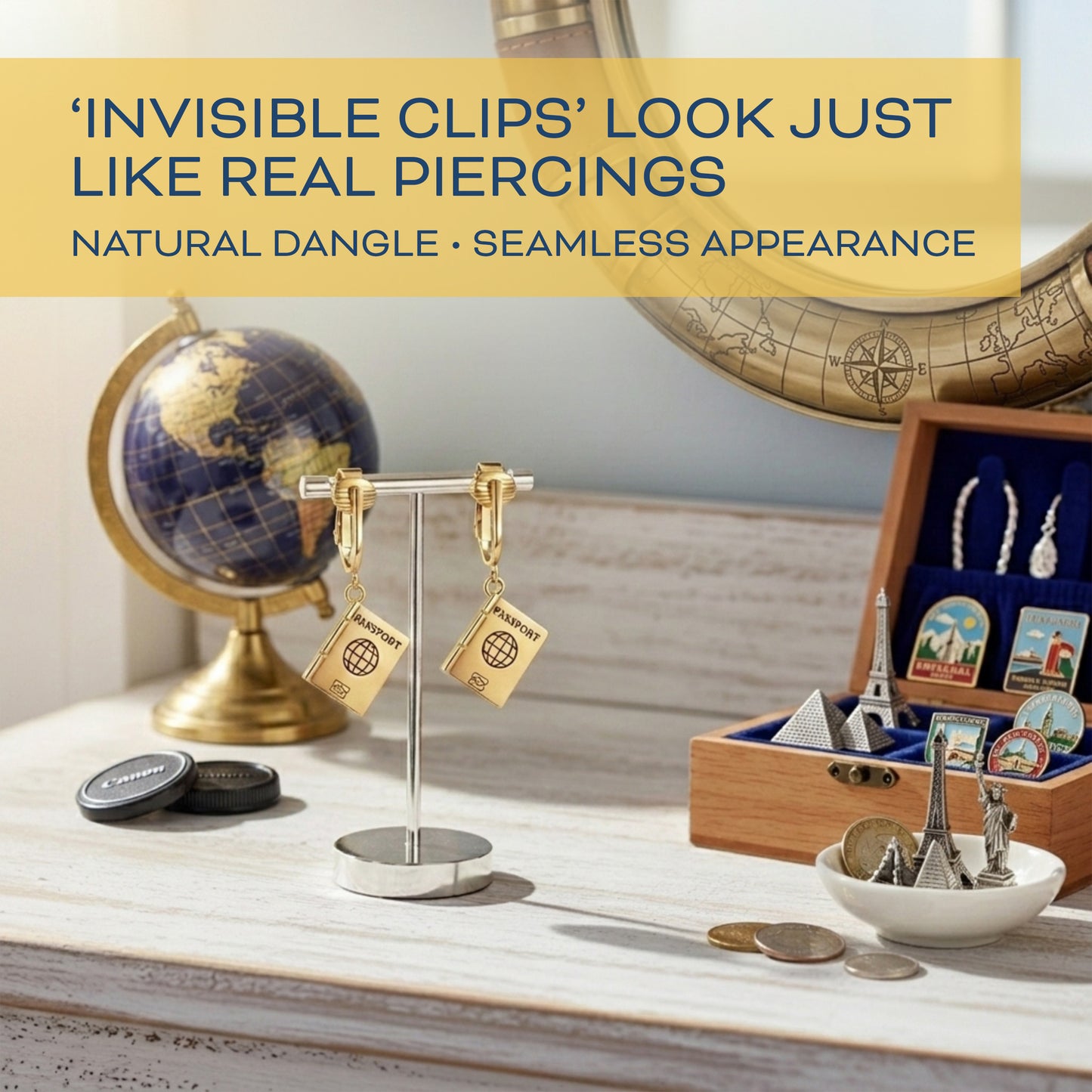 Gold Passport Clip On Dangling Earrings