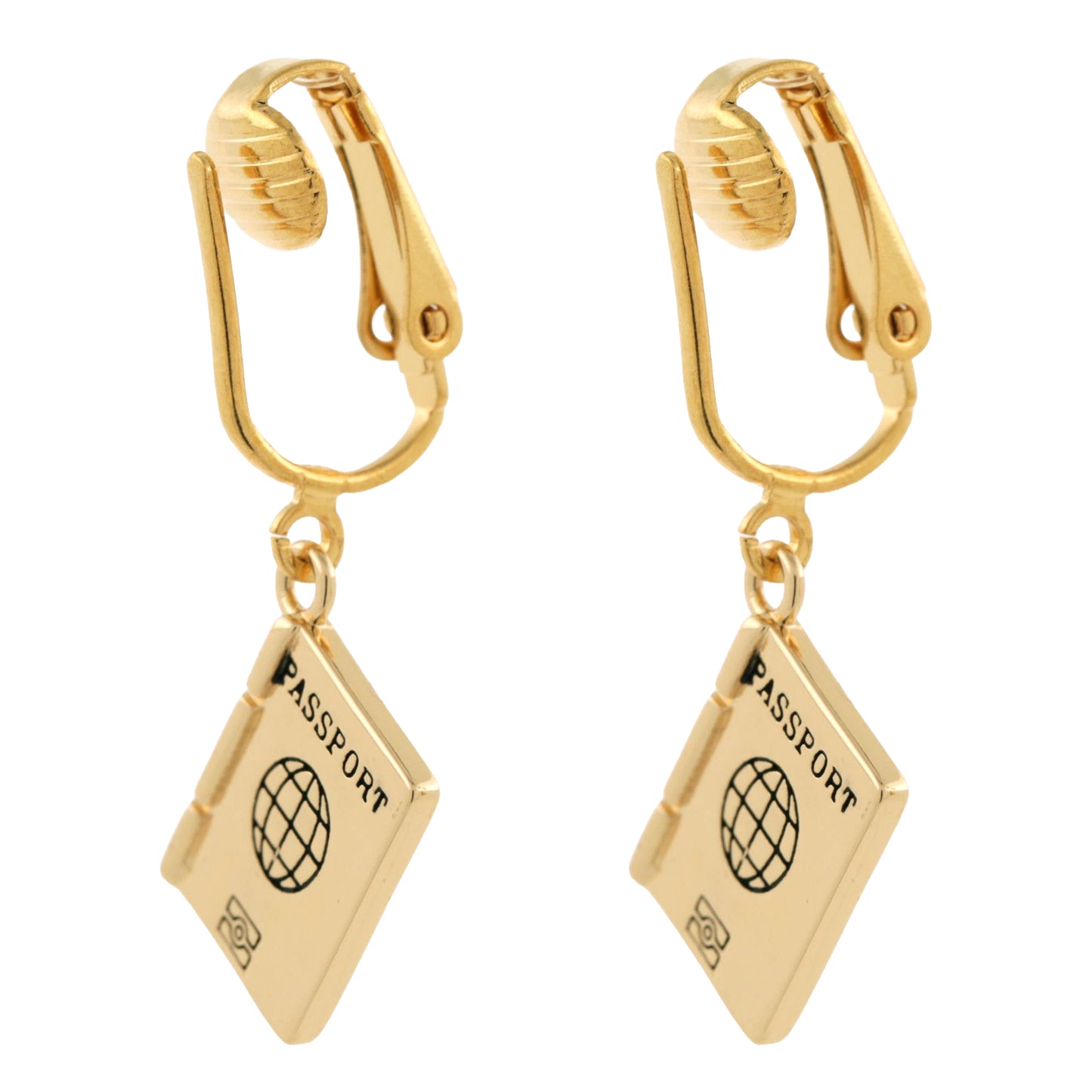 Gold Passport Clip On Dangling Earrings