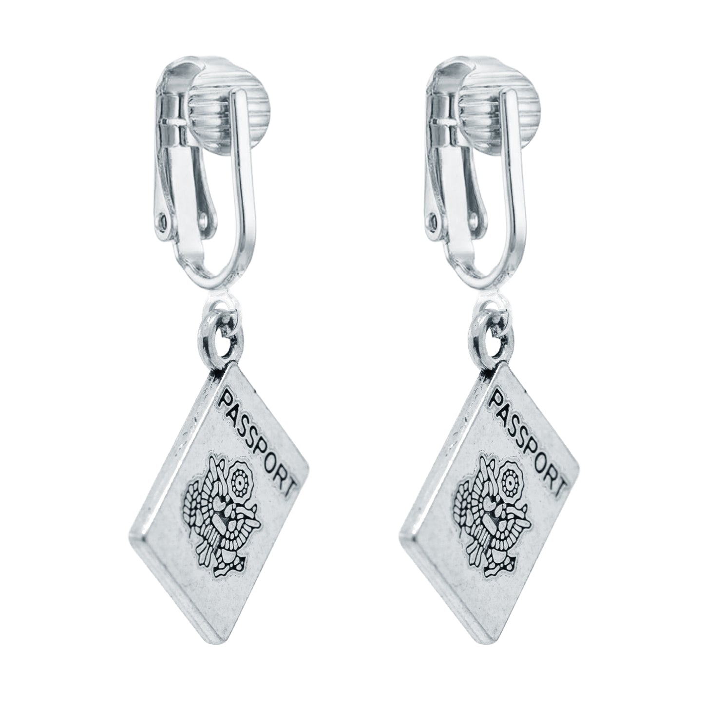 Silver Passport Clip On Dangling Earrings