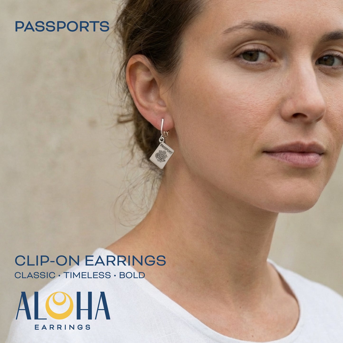 Silver Passport Clip On Dangling Earrings