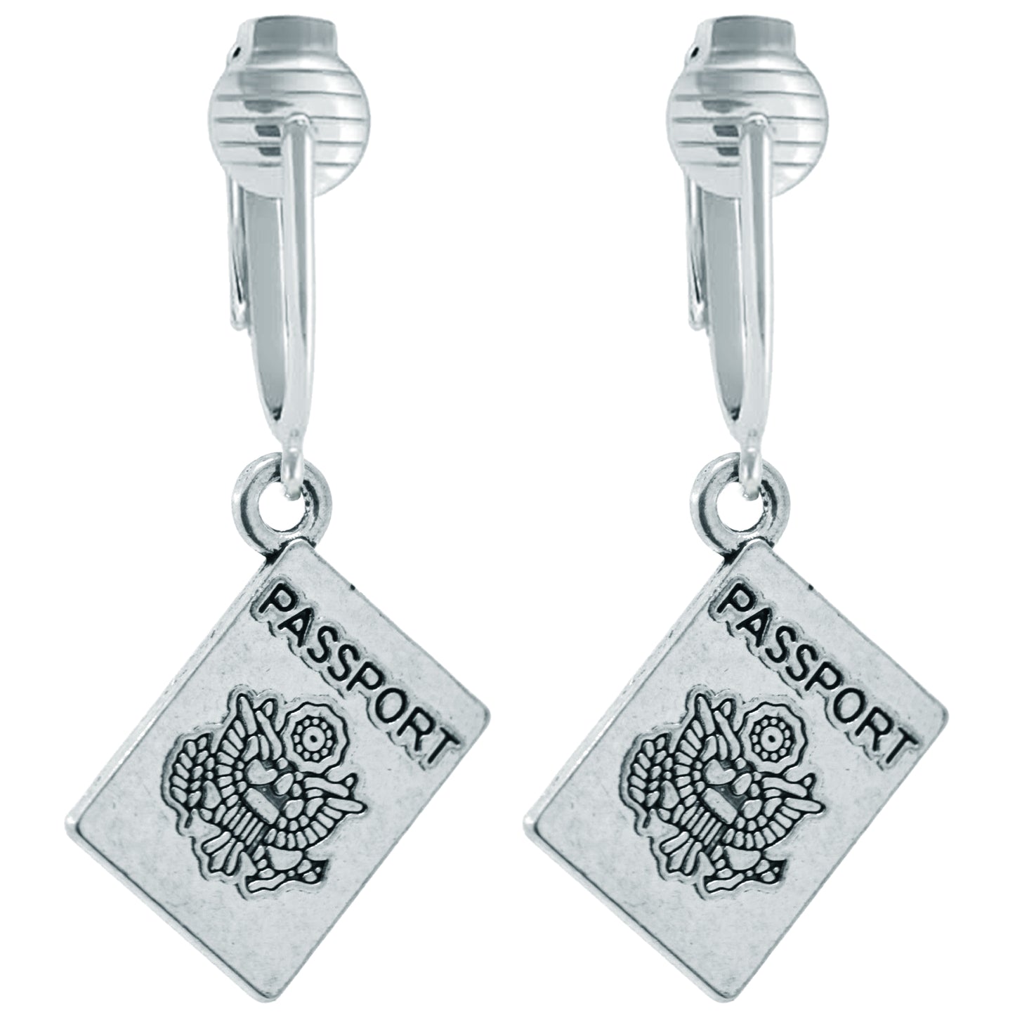 Silver Passport Clip On Dangling Earrings