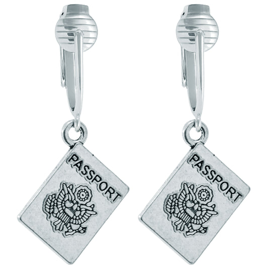 Silver Passport Clip On Dangling Earrings