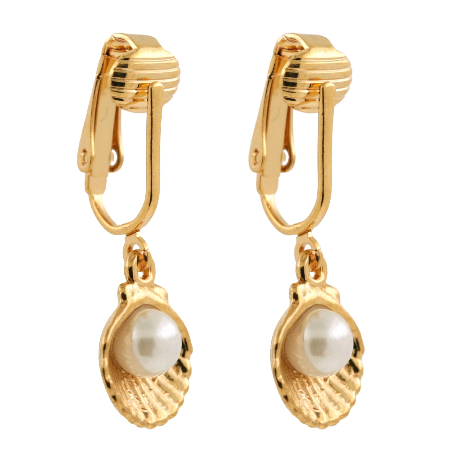 Gold Simulated Pearl in Shells Clip On Dangling Earrings