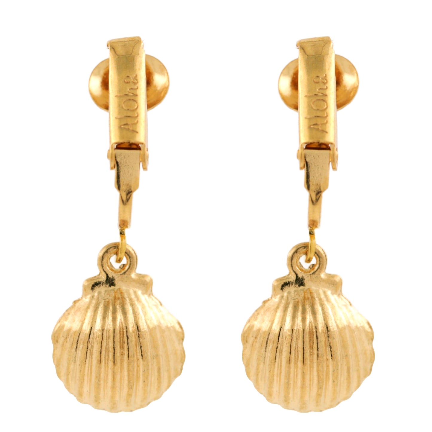 Gold Simulated Pearl in Shells Clip On Dangling Earrings