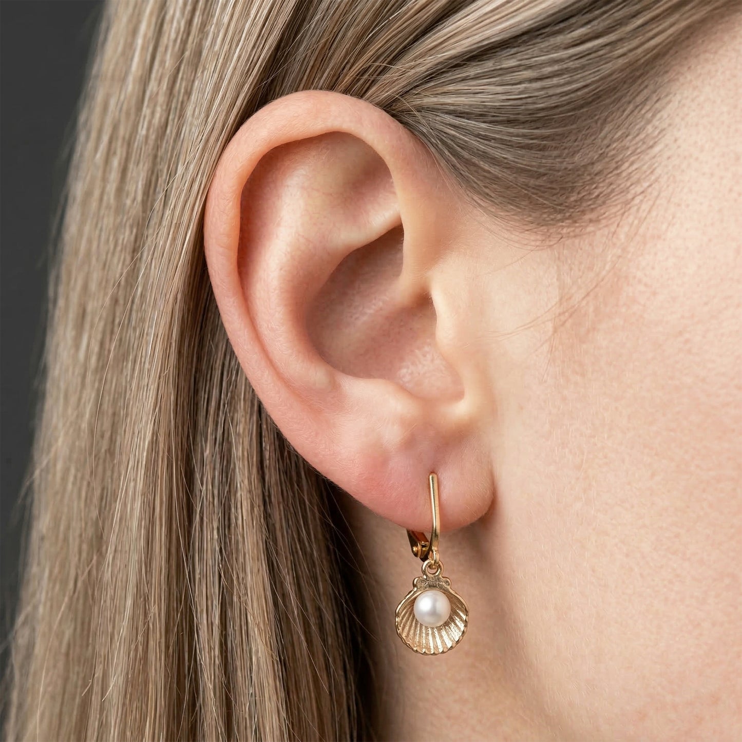 Gold Simulated Pearl in Shells Clip On Dangling Earrings