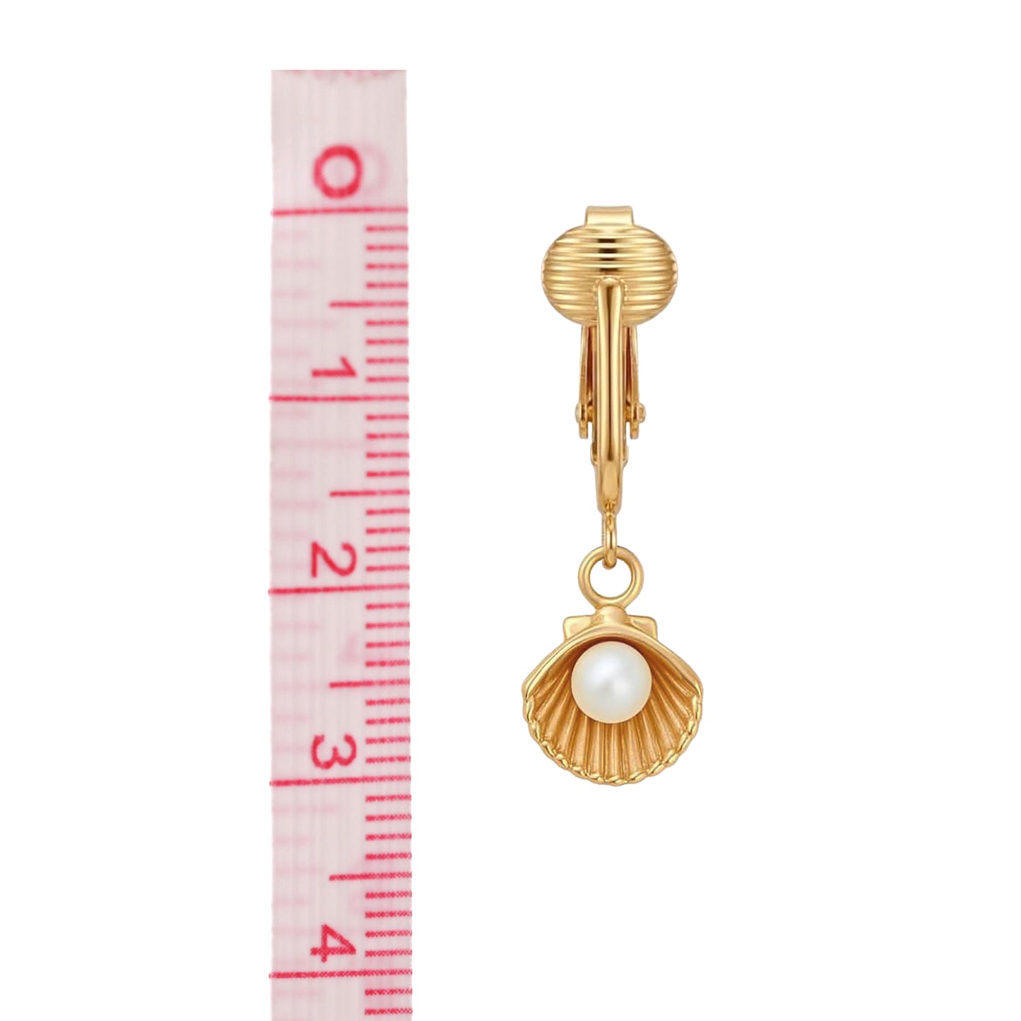 Gold Simulated Pearl in Shells Clip On Dangling Earrings