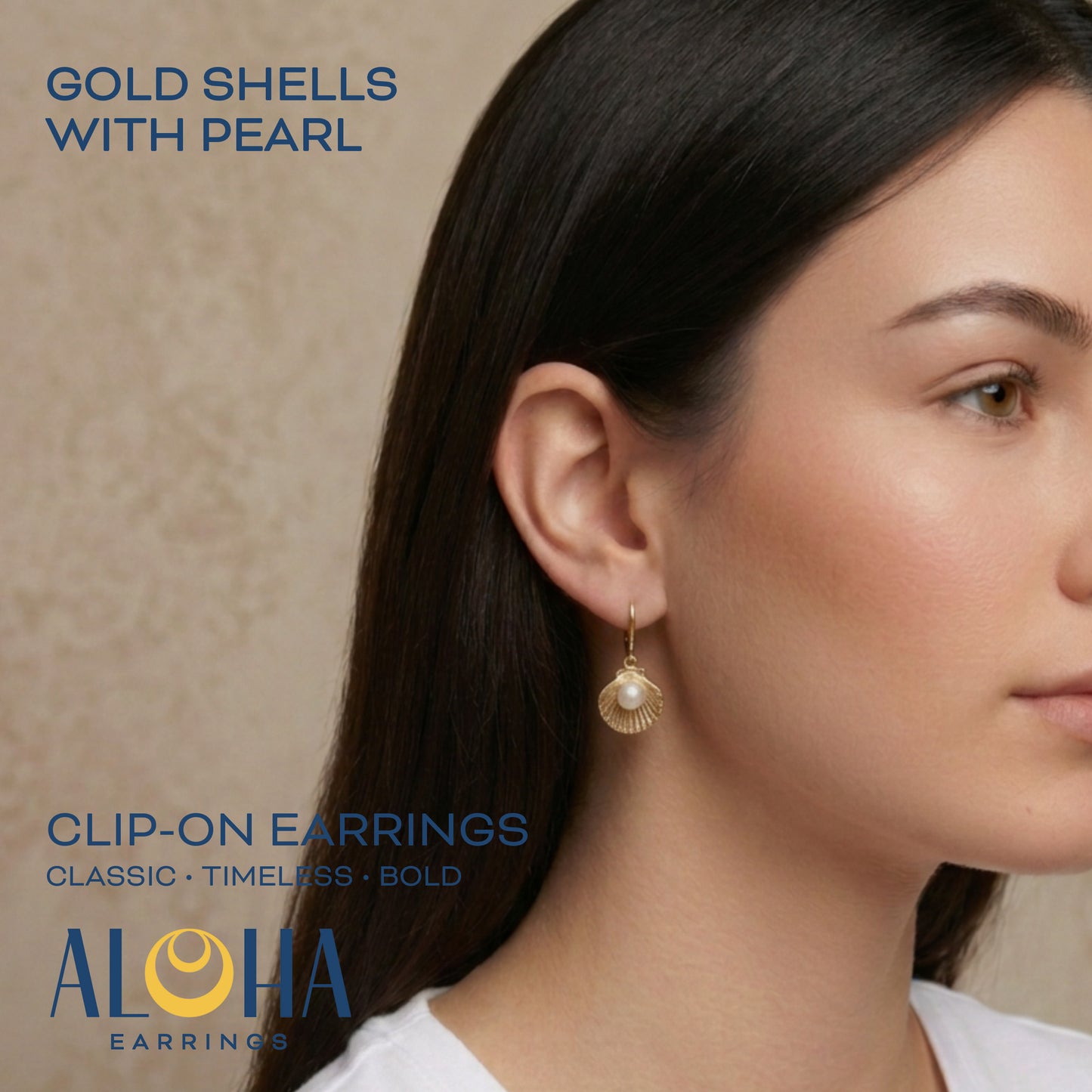 Gold Simulated Pearl in Shells Clip On Dangling Earrings