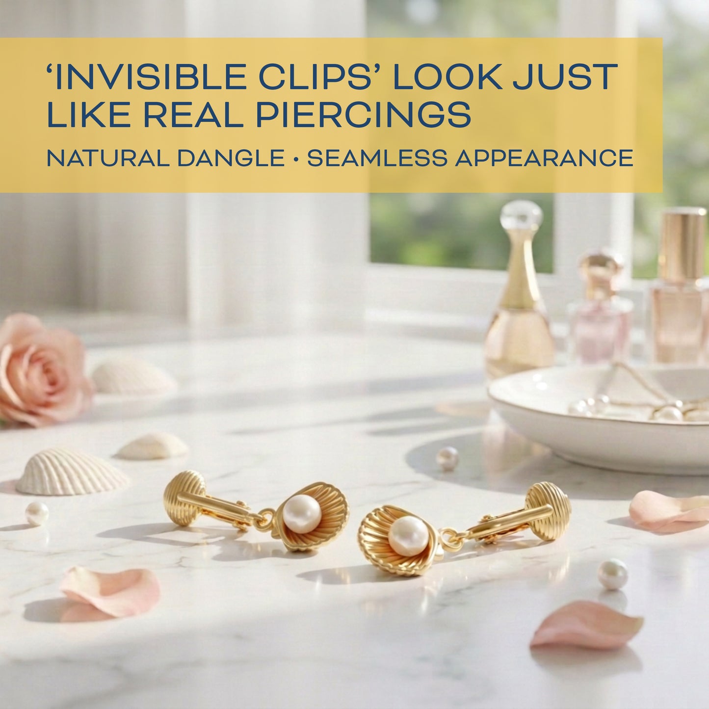 Gold Simulated Pearl in Shells Clip On Dangling Earrings