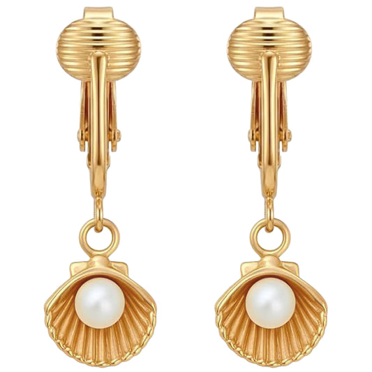 Gold Simulated Pearl in Shells Clip On Dangling Earrings