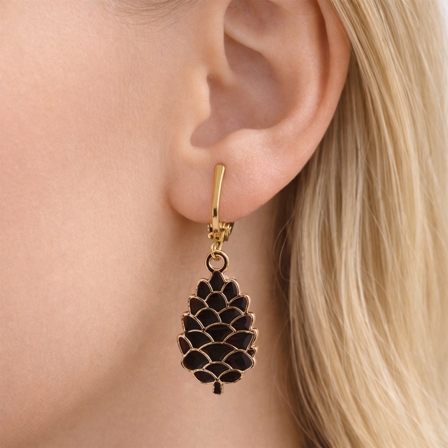 Pine Cone Gold Clip On Dangling Earrings