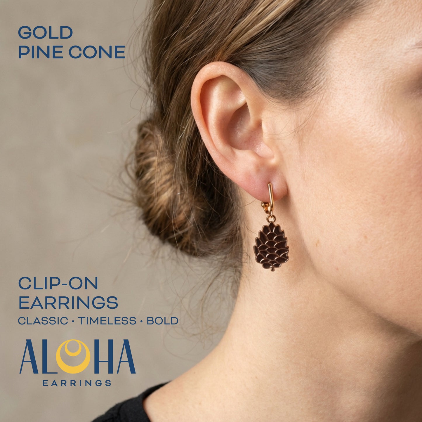 Pine Cone Gold Clip On Dangling Earrings