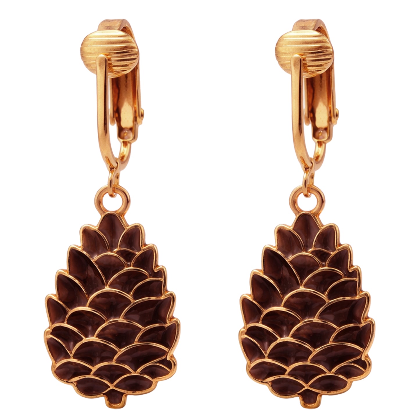 Pine Cone Gold Clip On Dangling Earrings