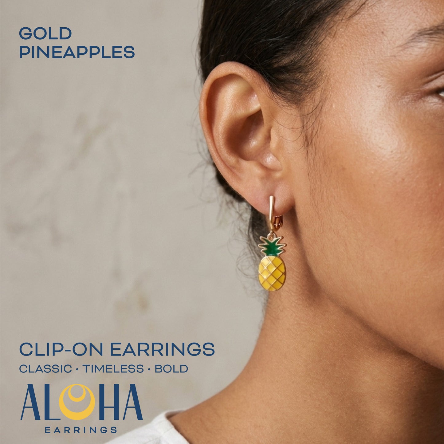 Pineapples Gold Clip On Dangling Earrings