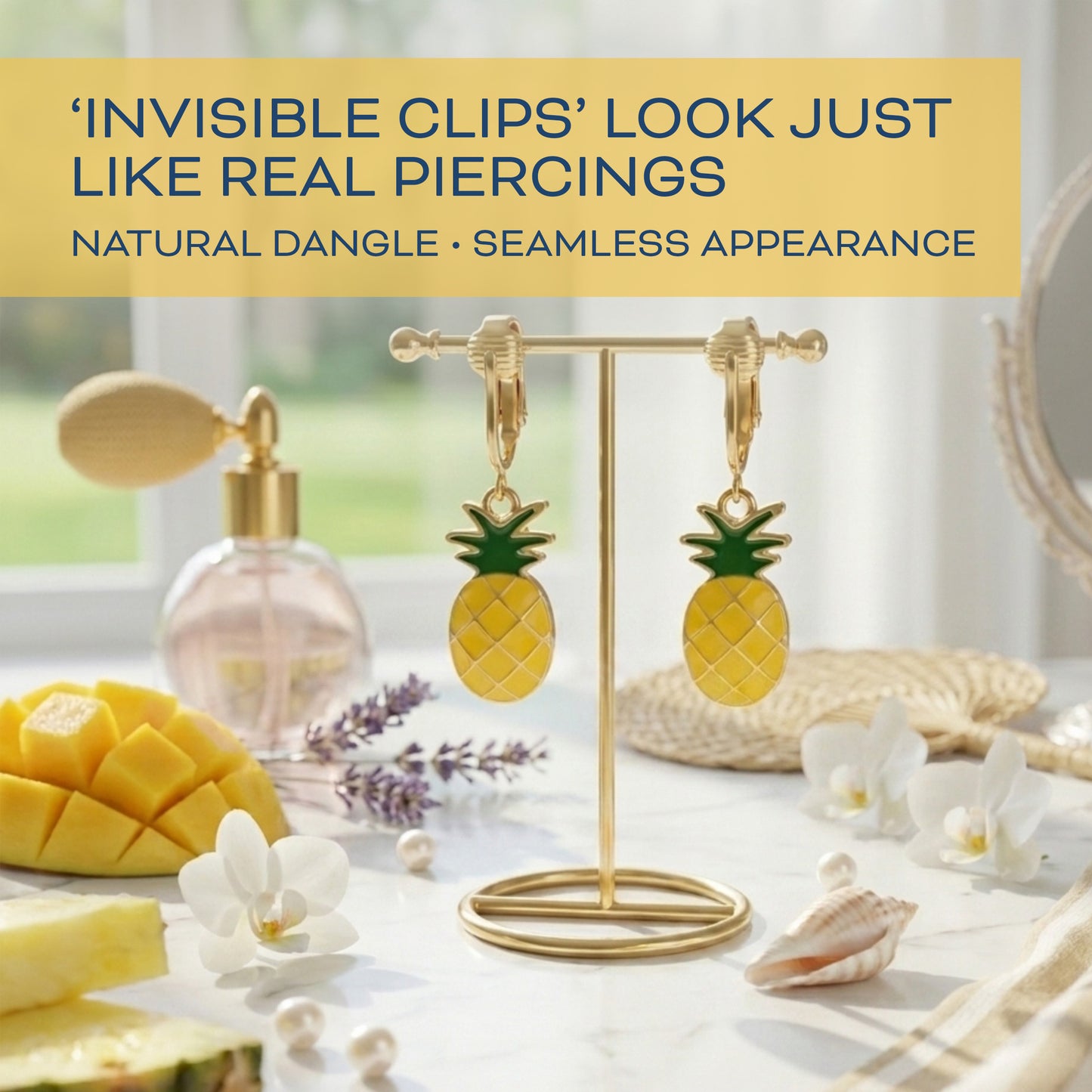 Pineapples Gold Clip On Dangling Earrings