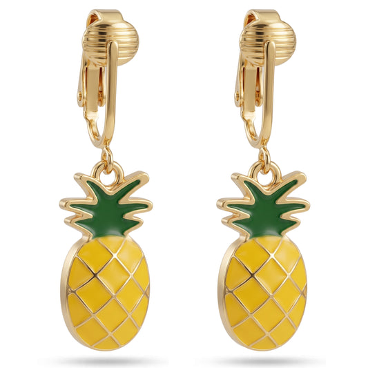 Pineapples Gold Clip On Dangling Earrings