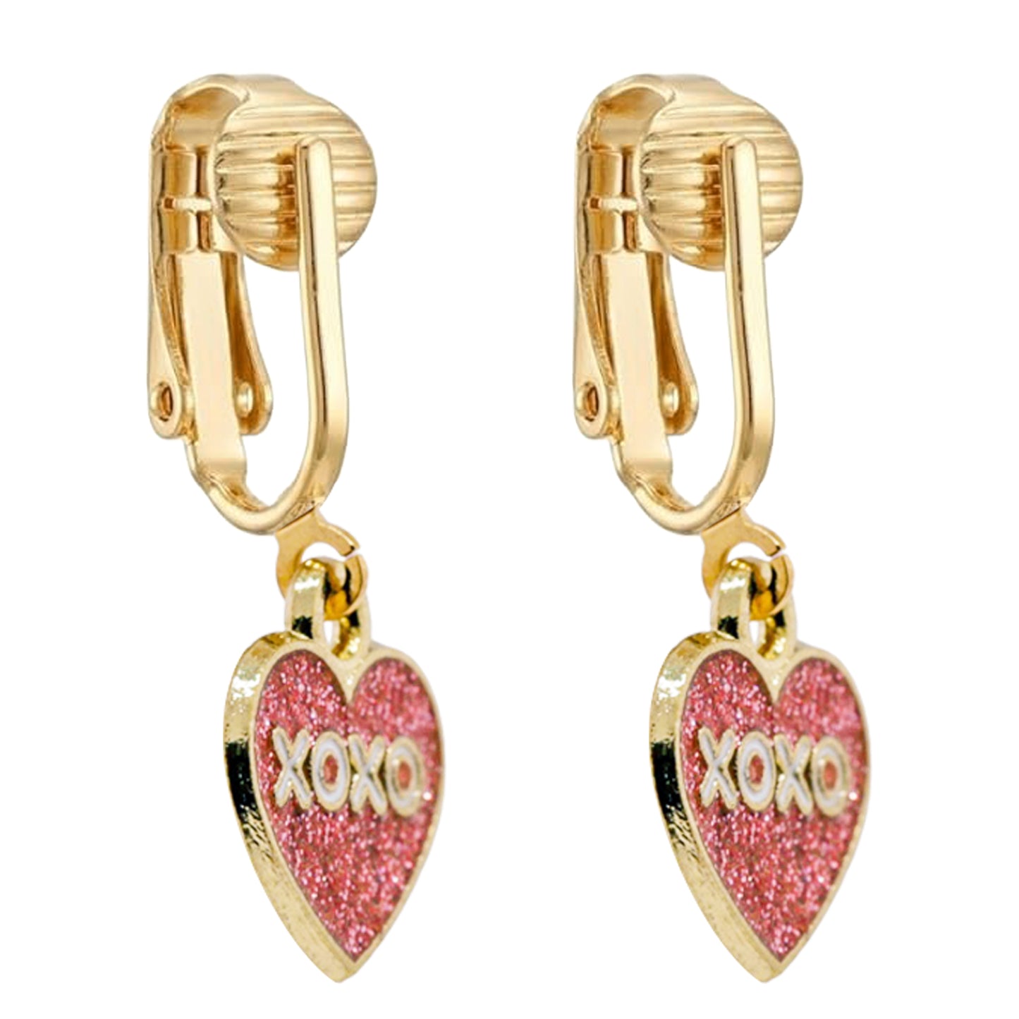 Pink Glitter XOXO Gold Clip On Dangling Earrings