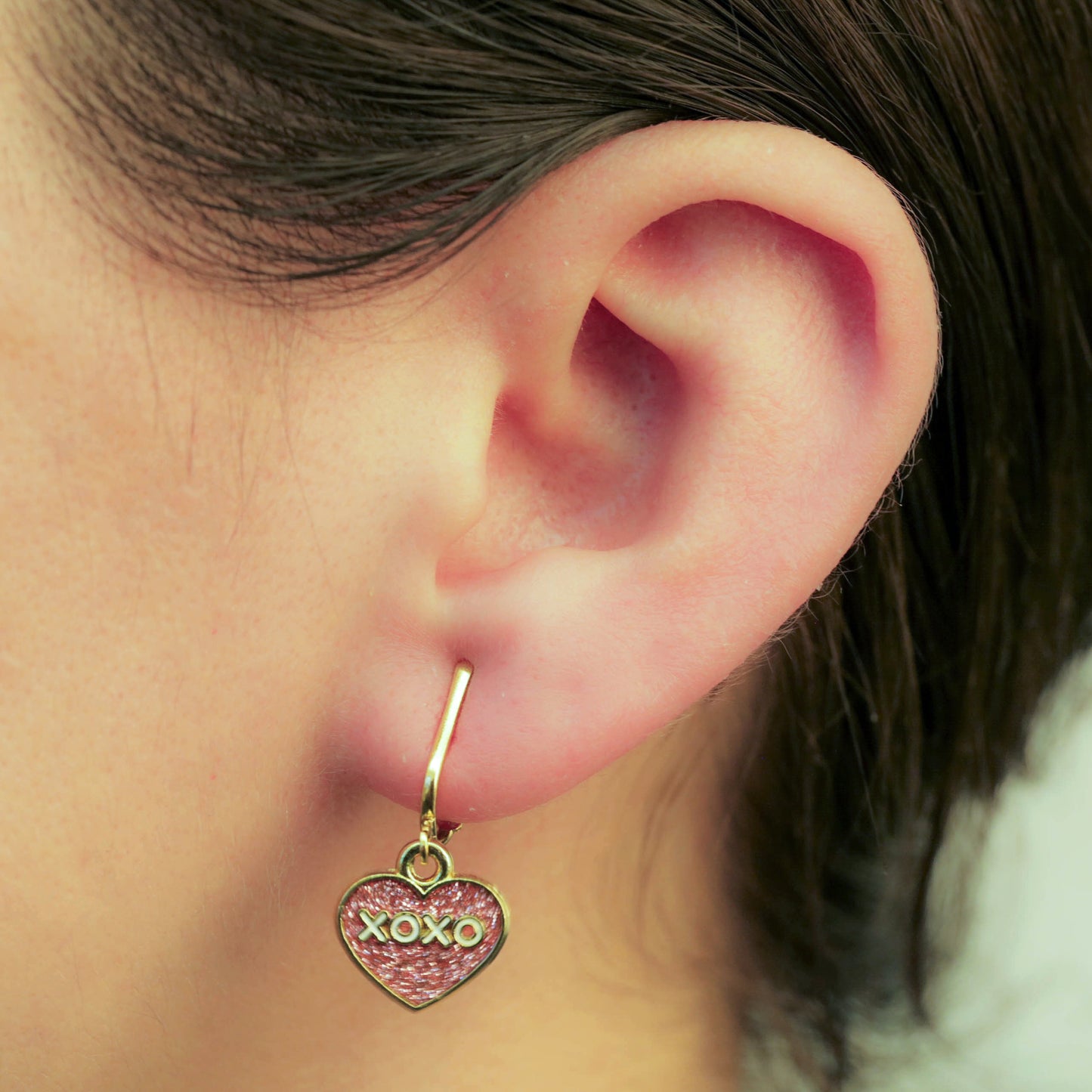 Pink Glitter XOXO Gold Clip On Dangling Earrings