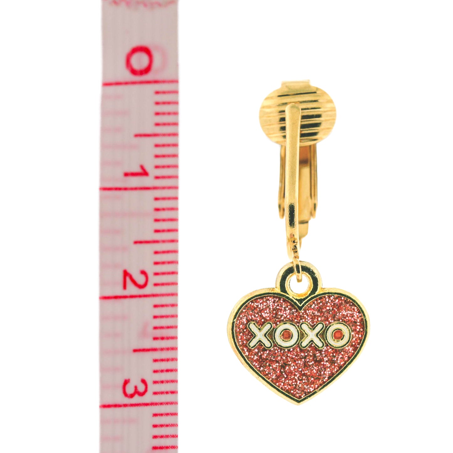 Pink Glitter XOXO Gold Clip On Dangling Earrings