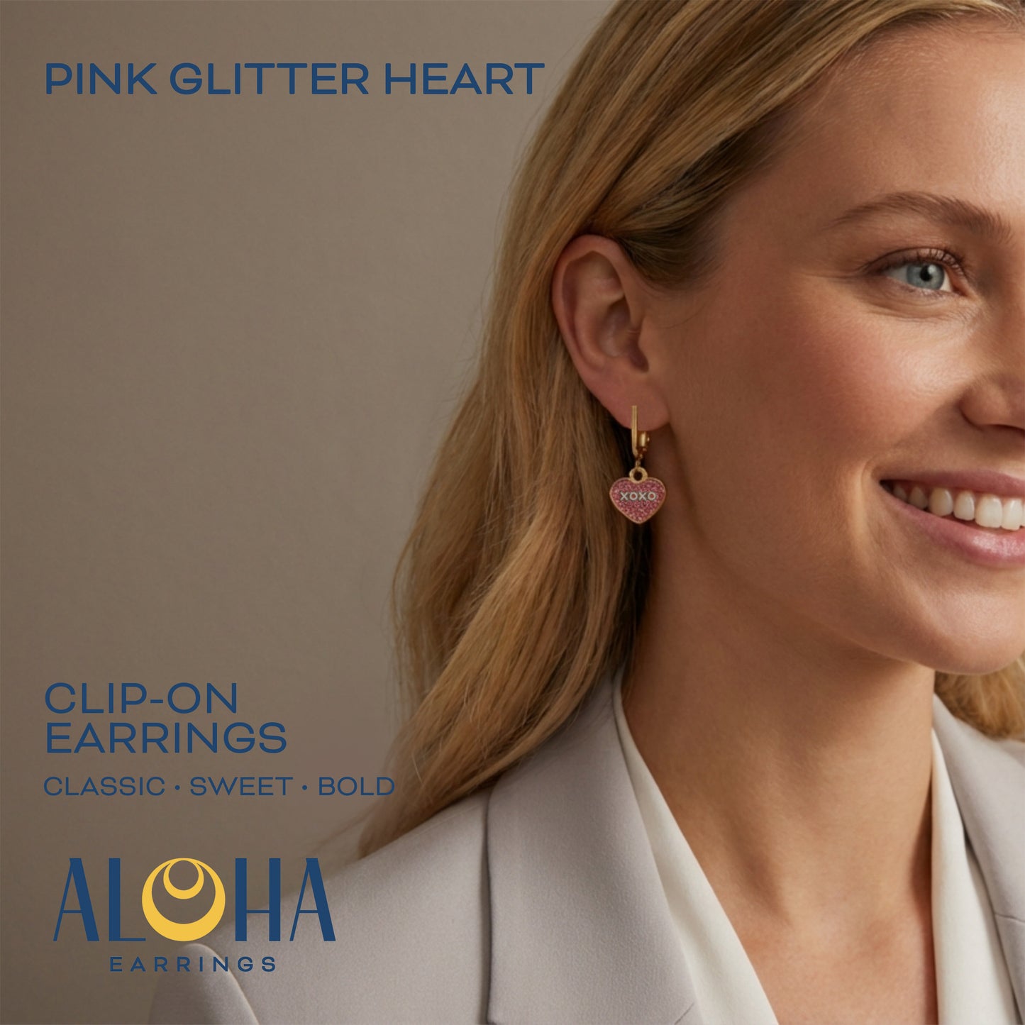 Pink Glitter XOXO Gold Clip On Dangling Earrings
