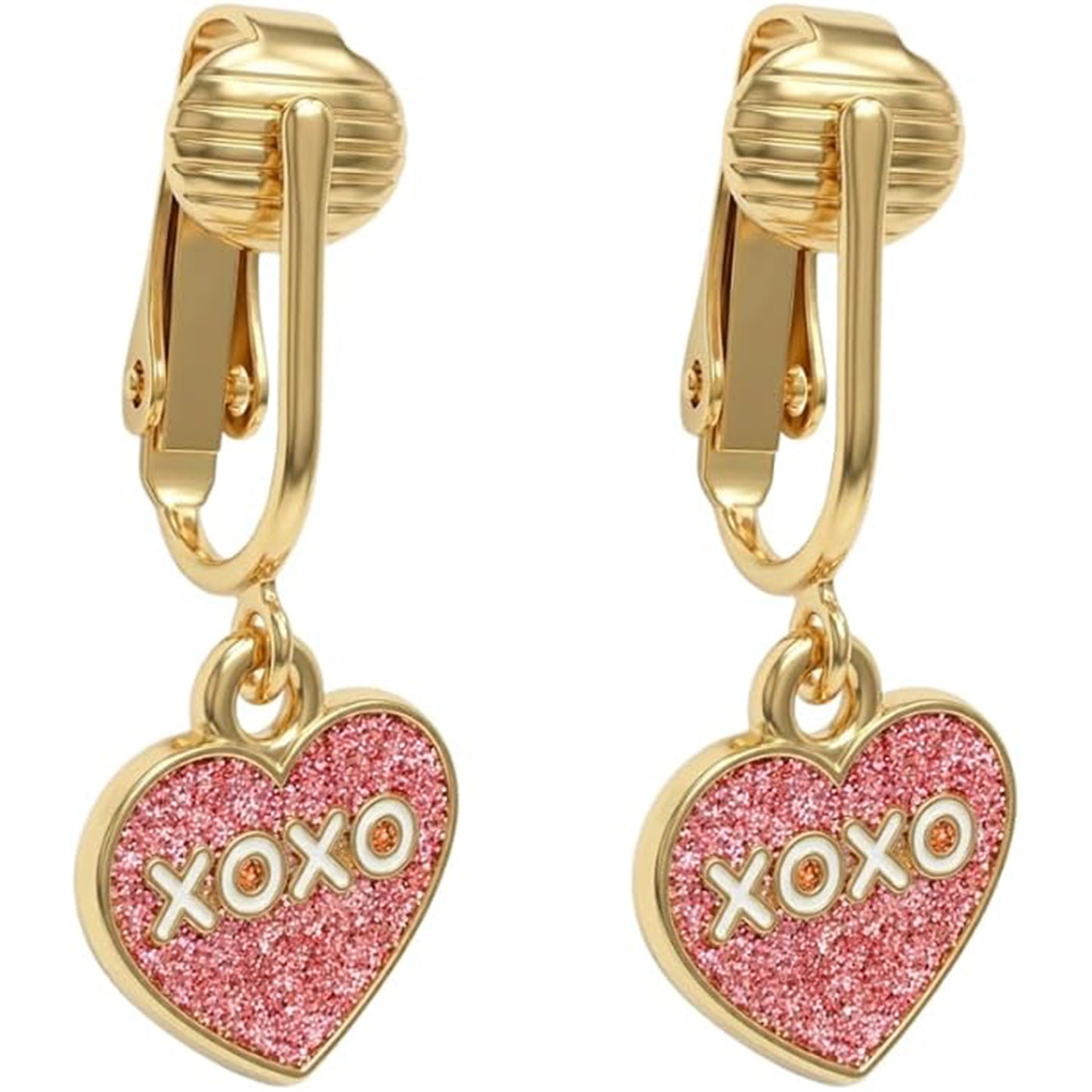 Pink Glitter XOXO Gold Clip On Dangling Earrings