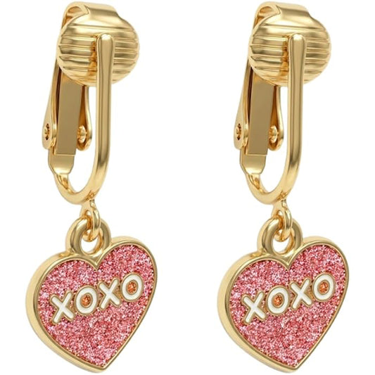Pink Glitter XOXO Gold Clip On Dangling Earrings