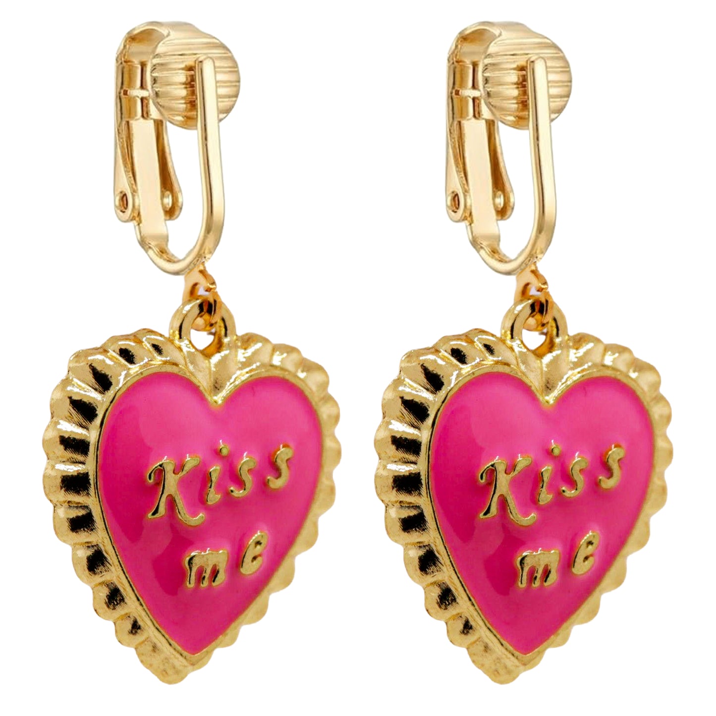 Pink Kiss Me Heart Gold Clip On Dangling Earrings