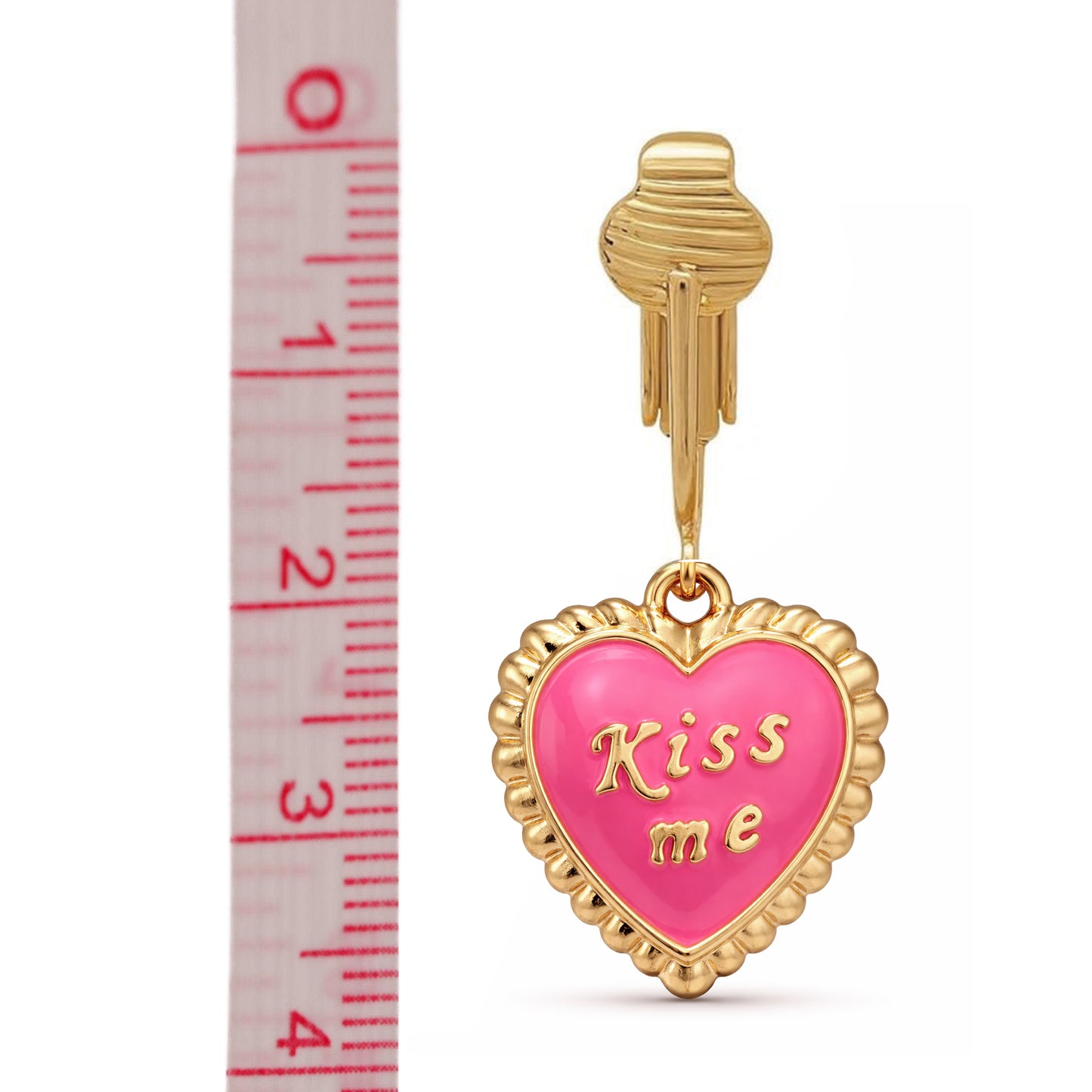 Pink Kiss Me Heart Gold Clip On Dangling Earrings