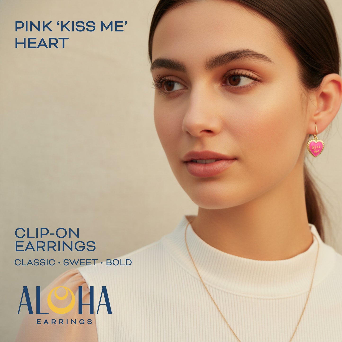 Pink Kiss Me Heart Gold Clip On Dangling Earrings