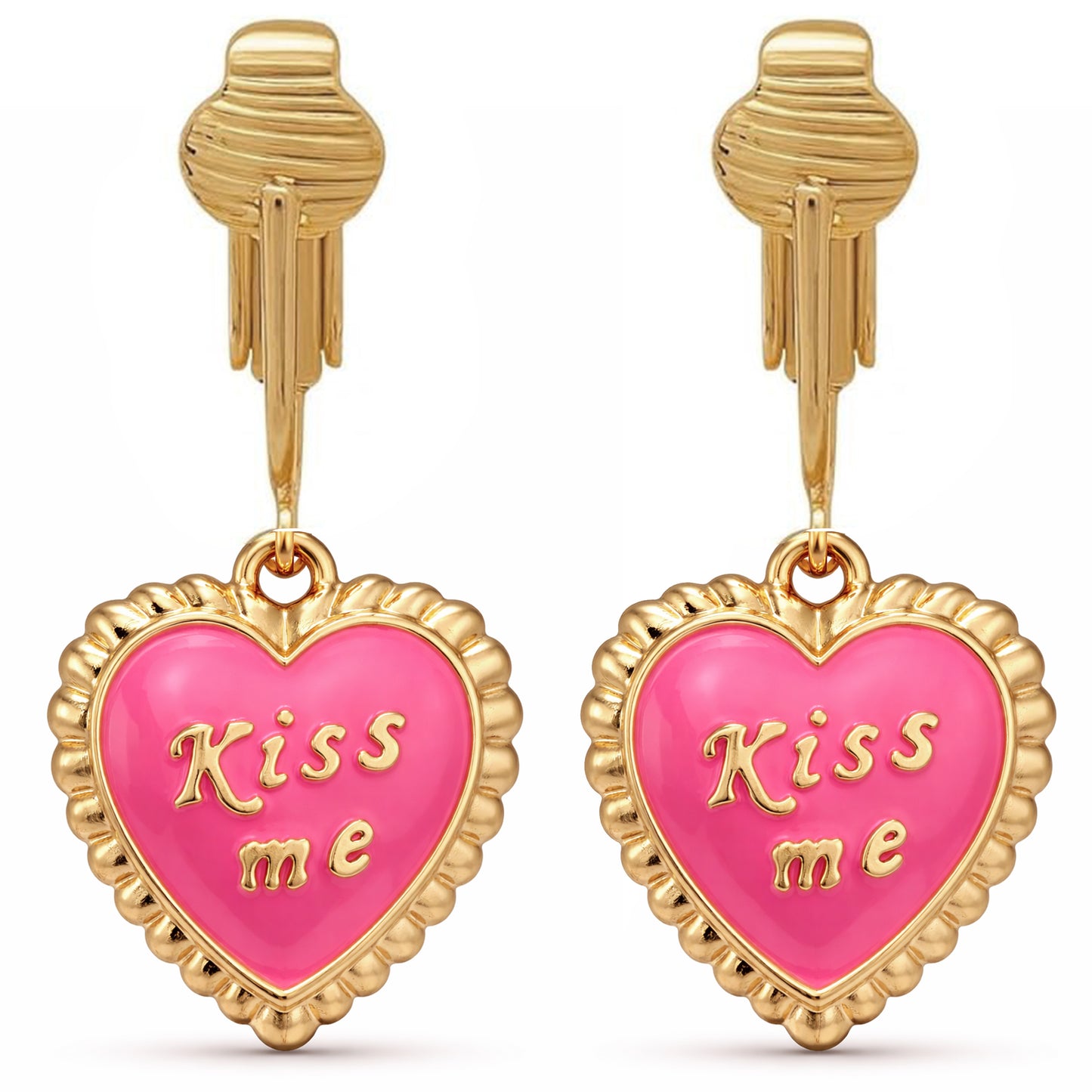 Pink Kiss Me Heart Gold Clip On Dangling Earrings