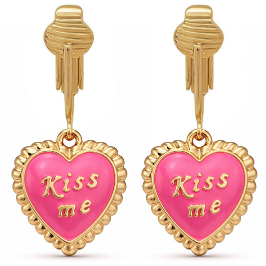 Pink Kiss Me Heart Gold Clip On Dangling Earrings
