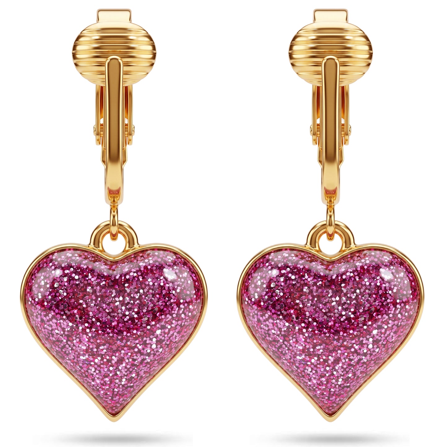 Sparkle Hearts Gold Clip On Dangling Earrings