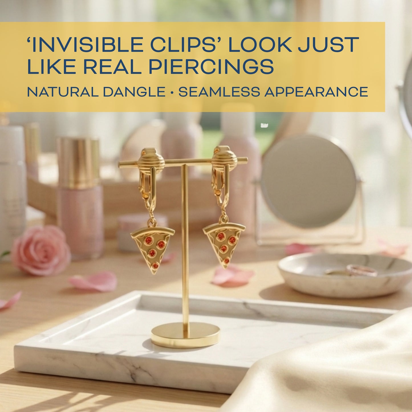 Pizza Gold Clip On Dangling Earrings