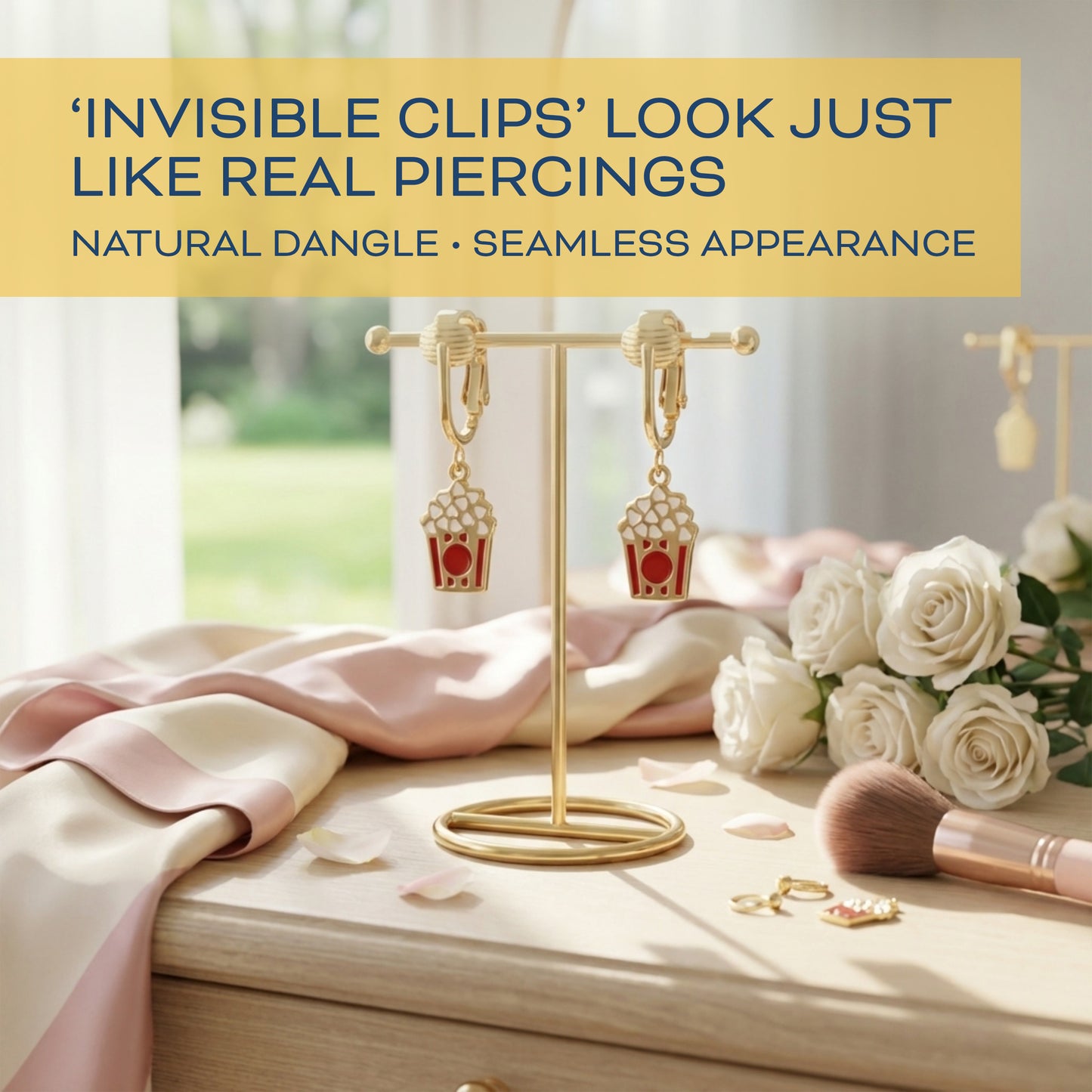 Popcorn Gold Clip On Dangling Earrings