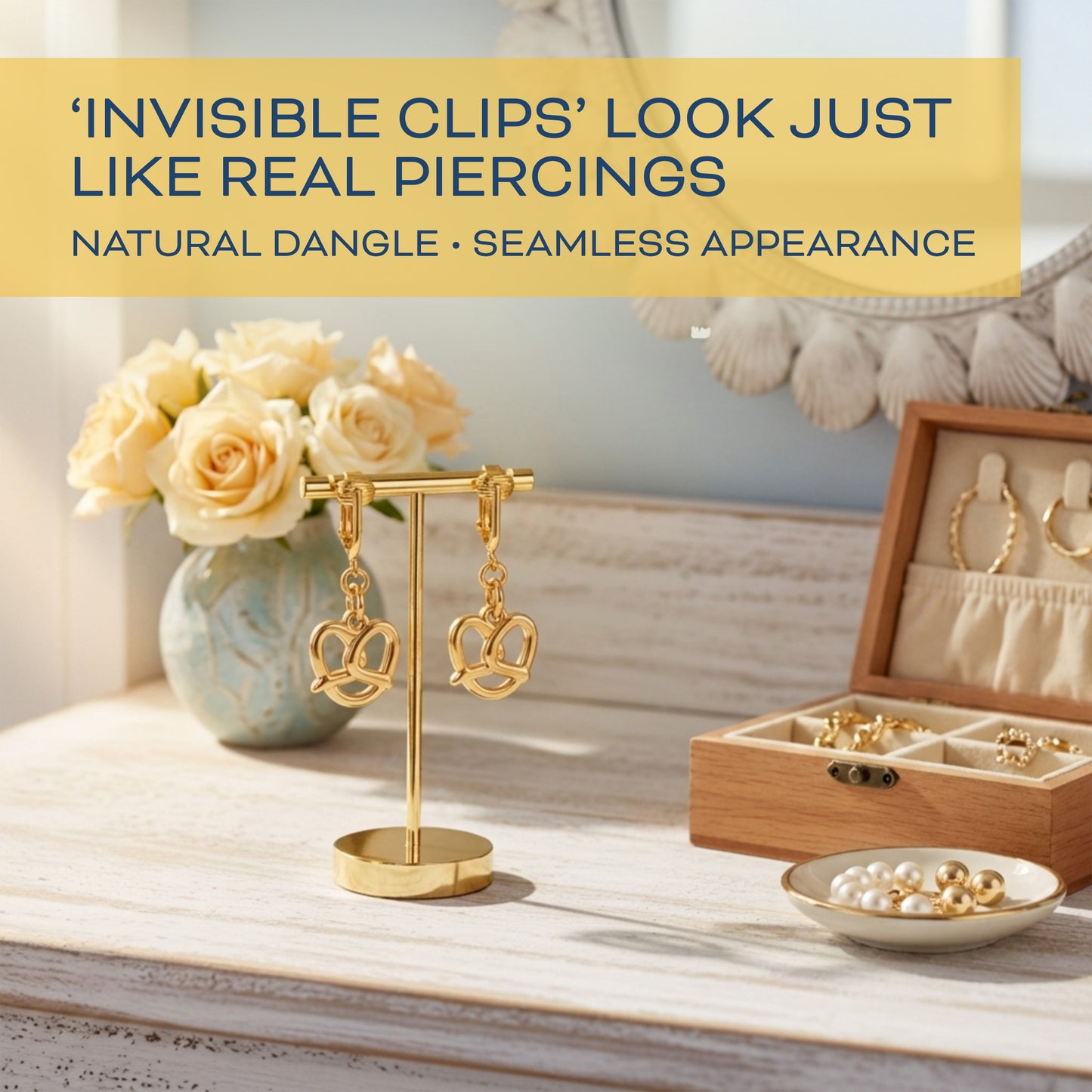 Pretzels Gold Clip On Dangling Earrings