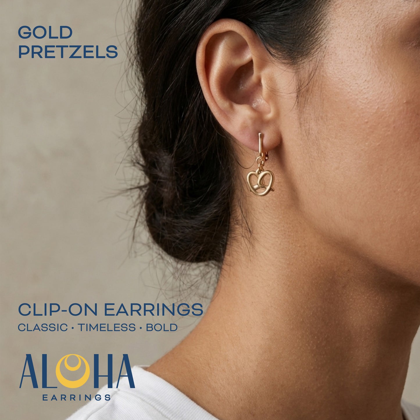 Pretzels Gold Clip On Dangling Earrings